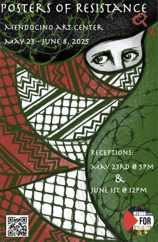 Posters of Resistence featuring stylized eyes peering out from stylized kaffiyeh in red, black, and white. A back and green background is filled with barbed wire. A red key joins two disparate background pieces together.